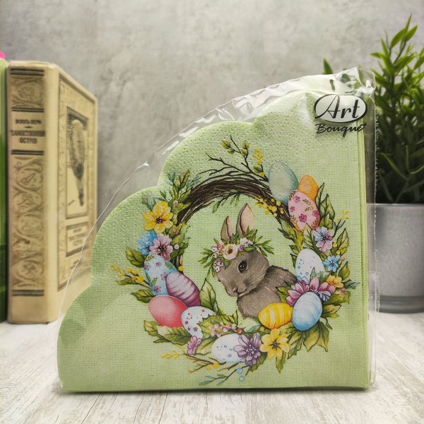 салфетки круглые 3-сл d-32 Rondo Пасхальный венок  с кроликом /12